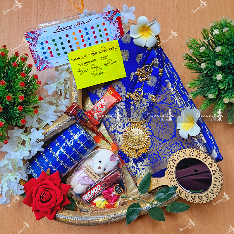 Picture of Tangail Katan Saree Combo Gift Set- Sari Churi Necklace Earrings Mirror Chocolate Mehedi Tip Golap Love Chocolate Box etc