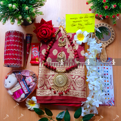 Picture of Tangail Katan Saree Combo Gift Set- Sari Churi Necklace Earrings Mirror Chocolate Mehedi Tip Golap Love Chocolate Box etc
