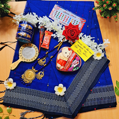 Picture of Sari Combo Gift Set - Saree Necklace Earrings Bangles Mehendi Mirror Kitkat Tip Love Chocolate Box with Doll Rose Gazra Chirkut and More