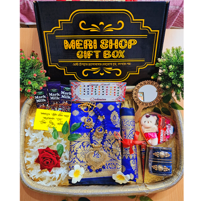 Picture of Exclusive Tangail Katan saree Combo Set with GIFT B O X - saree, blouse pcs, necklace, earings churi mirror chocolates golap, gazra mehedi etc