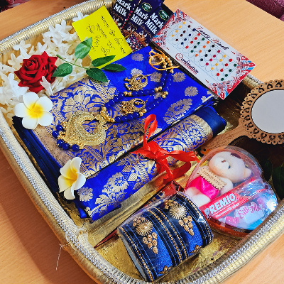 Picture of Exclusive Tangail Katan saree Combo Set with GIFT B O X - saree, blouse pcs, necklace, earings churi mirror chocolates golap, gazra mehedi etc