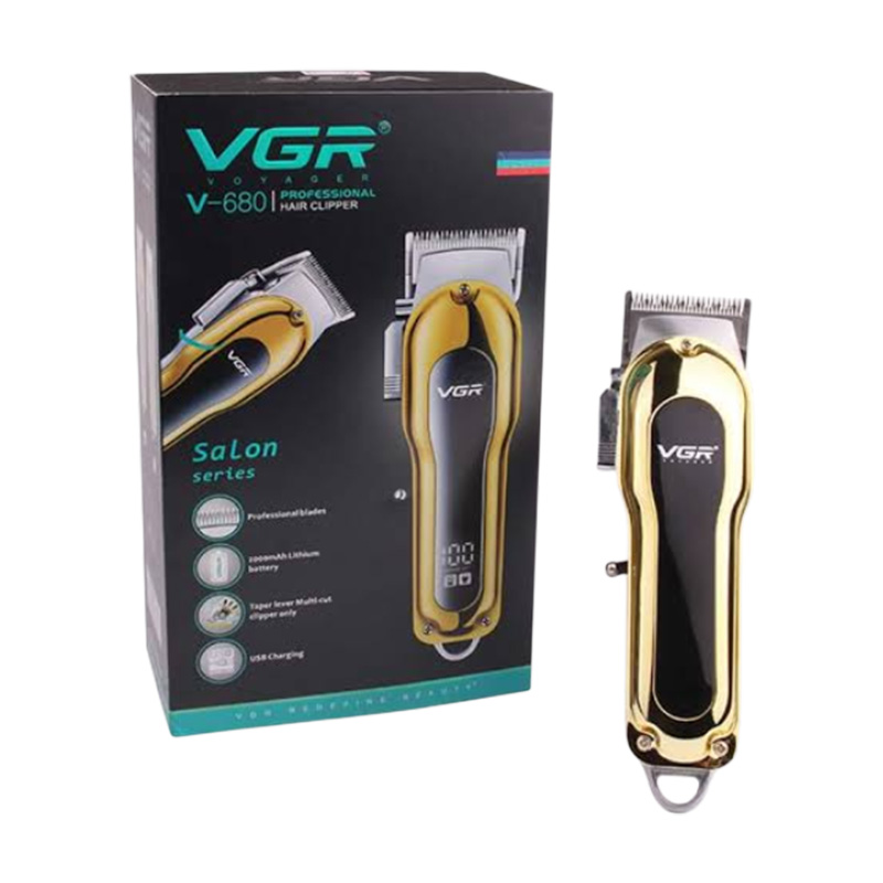 Picture of VGR V-680 Professional Salon series cordless Hair Clipper LED Display, Stainless steel Blades, USB Charging cable 4 Guide Comb, Taper Lever Adjustments Runtime: 200 mins, 2000 mAh Li-ion Battery, Gold