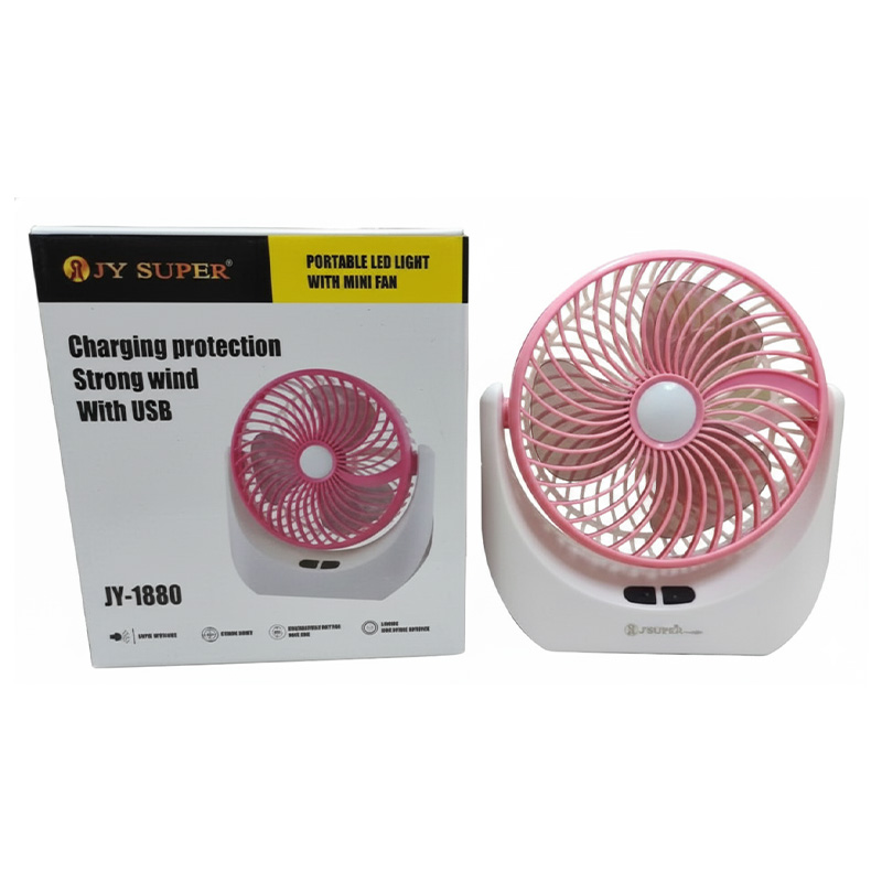 Picture of JY SUPER 1880 (RECHARGEABLE PORTABLE USB FAN) With LED Light, 2400mAh Battery 1400 mm Silent Operation 3 Blade Table Fan