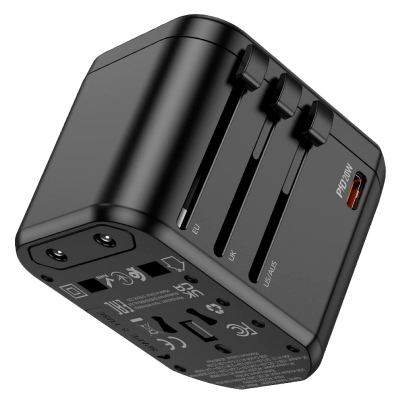 Picture of Hoco AC15 Universal Travel Charger | 20 W USB‑C PD + 2×18 W USB‑A | Built‑In AC Socket 110/230 V | Foldable US/EU/UK/AU Plugs | Flame‑Retardant PC Shell | Fast Charge QC/FCP/AFC