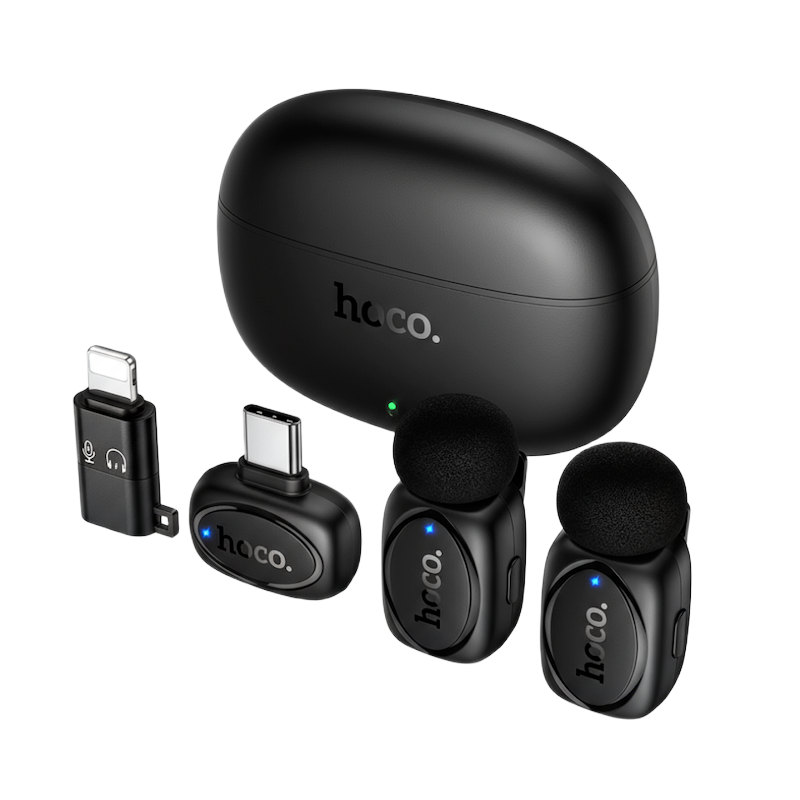 Picture of HOCO | L19 “Graceful” Dual Wireless Lavalier Microphone | 2 Mics + 1 Receiver (Type-C with Lightning Adapter) | 20m Range | 300mAh Charging Case, 60mAh Mics | Plug-and-Play for Android & iPhone.