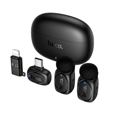 Picture of HOCO | L19 “Graceful” Dual Wireless Lavalier Microphone | 2 Mics + 1 Receiver (Type-C with Lightning Adapter) | 20m Range | 300mAh Charging Case, 60mAh Mics | Plug-and-Play for Android & iPhone.