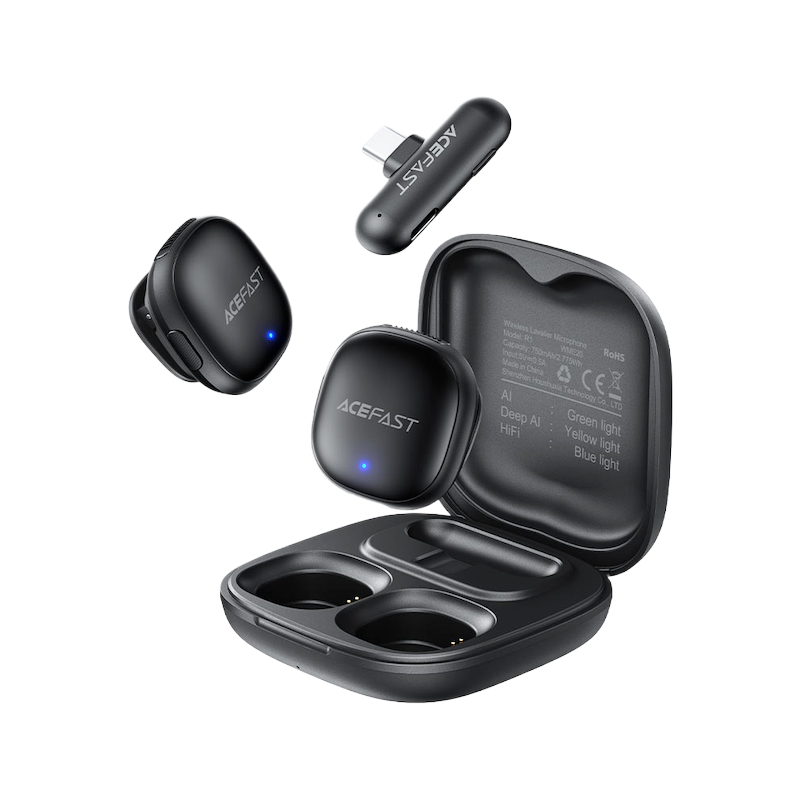 Picture of ACEFAST | R1 Wireless Lavalier Microphone (2 Mics + 1 Receiver) | USB-C | 48kHz/24-bit, AI Noise Reduction | 50m Range, 25ms Low Latency | 8h Mics + 48h Case | For Android & iPhone 15/16