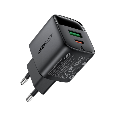 Picture of ACEFAST | A114 | 25W GaN Fast Wall Charger | Dual Port USB-C (PD/PPS 25W) + USB-A (20W) | LED Digital Display | 100–240V EU Plug | Multi-Protocol PD3.0/QC4+ | Flame-Retardant PC | Fast Charger for Android & iPhone 15