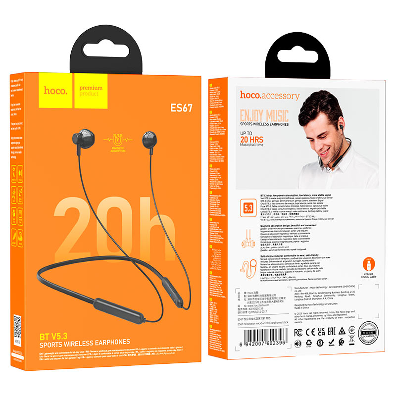 Picture of Hoco ES67 Perception Neckband Bluetooth 5.3 Earphones | 20 Hrs Playback | Magnetic Silicone Neckband | 14 mm Drivers | Type‑C Fast Charging | Built‑in Mic | IPX5 Sweatproof | Lightweight & Tangle‑Free