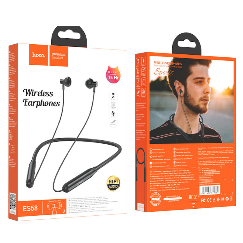 Picture of Hoco ES58 Sound Tide Bluetooth 5.0 Neckband Earphones | 15 Hrs Playback | 200 mAh Battery | Magnetic Earbuds | 98 cm Silicone Band | Type‑C Charging | Lightweight (18 g) & Sweat‑Resistant
