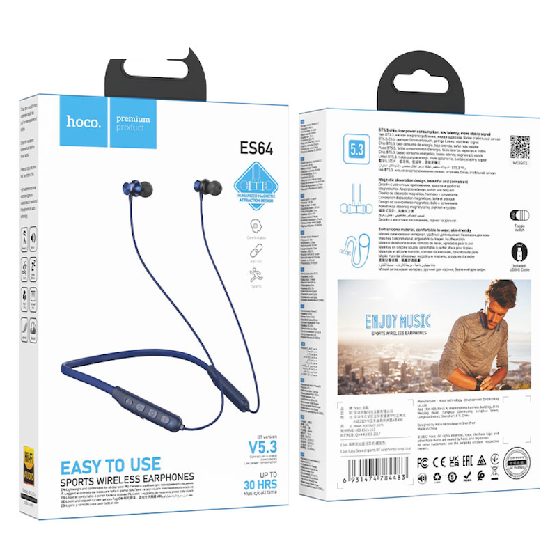 Picture of Hoco ES64 Sports Wireless Neckband Earphones | Bluetooth 5.3 | 30H Playback | Magnetic Design | Type-C Charging | Lightweight & Sweatproof | Ideal for Workout & Commute