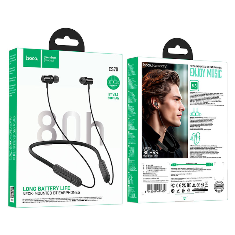 Picture of Hoco ES70 Armour Bluetooth 5.3 Neckband Earphones | 10mm Drivers | 80 Hrs Playback | 500 mAh Battery | Magnetic Silicone Neckband | Type‑C Fast Charging | Built‑in Mic | IPX5 Sweatproof