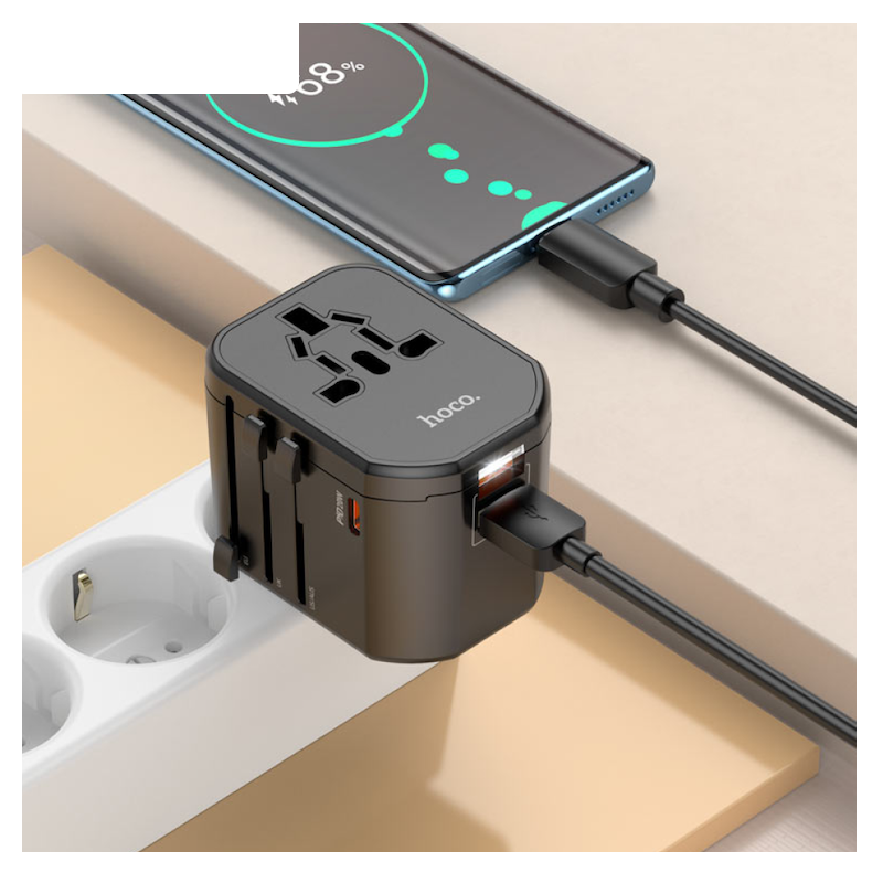 Picture of Hoco AC15 Universal Travel Charger | 20 W USB‑C PD + 2×18 W USB‑A | Built‑In AC Socket 110/230 V | Foldable US/EU/UK/AU Plugs | Flame‑Retardant PC Shell | Fast Charge QC/FCP/AFC
