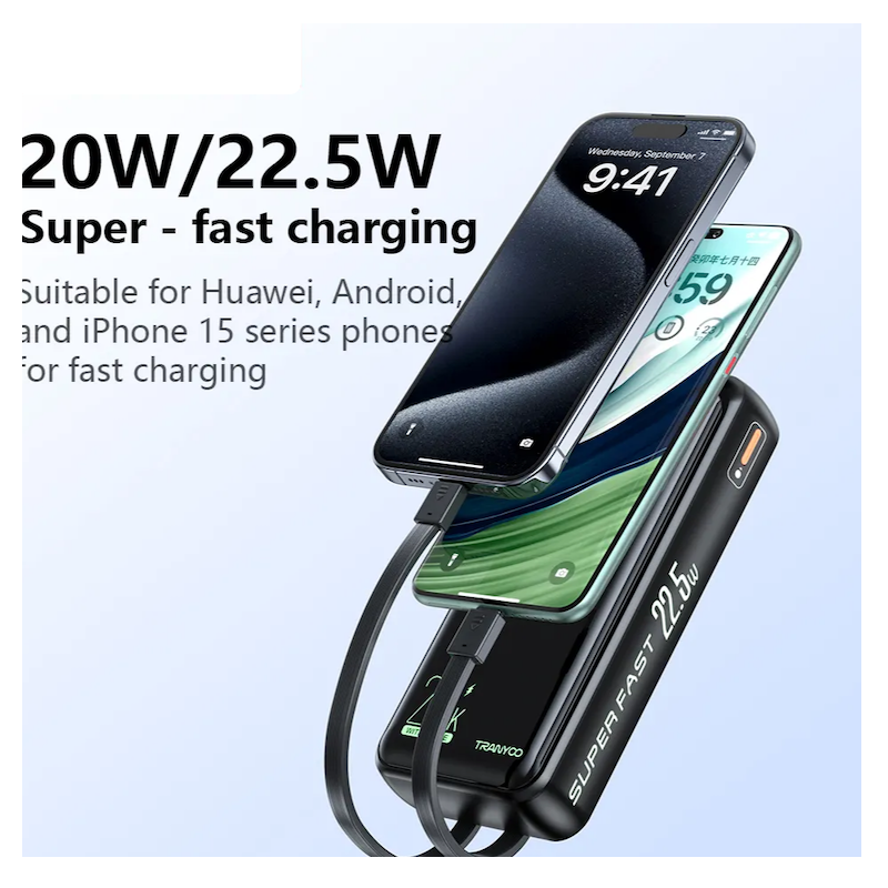 Picture of Tranyoo | T-K17 | 20000mAh Power Bank | 22.5W Fast Charging | Built-in Type-C & Lightning Cables | LED Display | Dual USB Output | Portable Charger for Android & iPhone