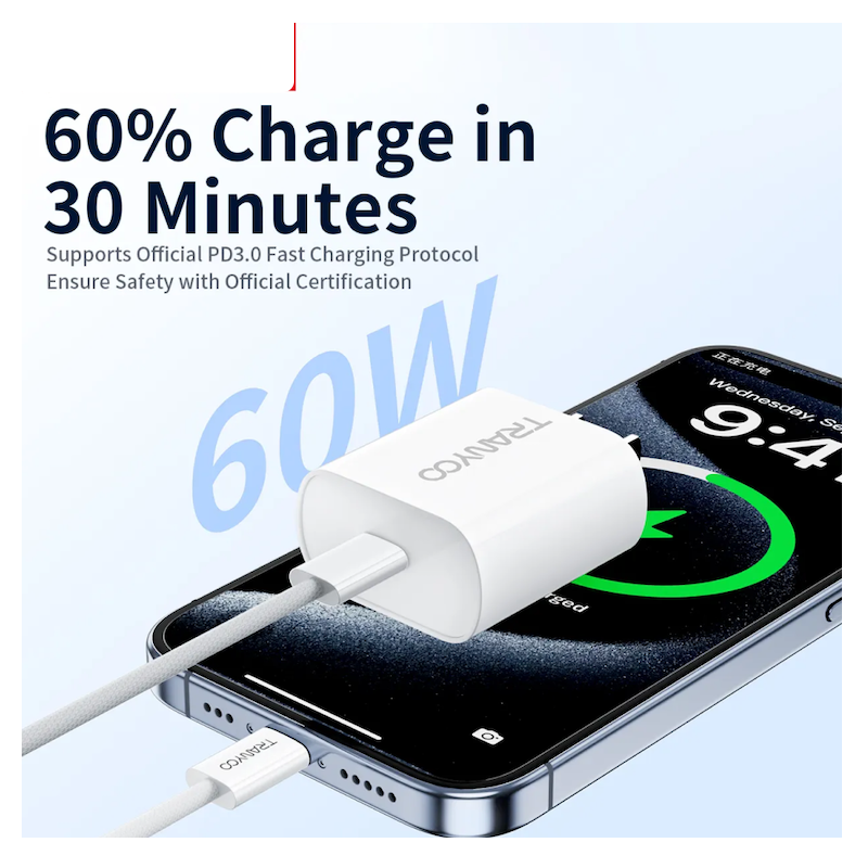 Picture of Tranyoo | CC‑15 | 60W PD Super‑Fast USB‑C to USB‑C Cable | Braided High‑Durability Charger Data Sync Cable | Fast Charging, PD 60 W, 1 m Cable