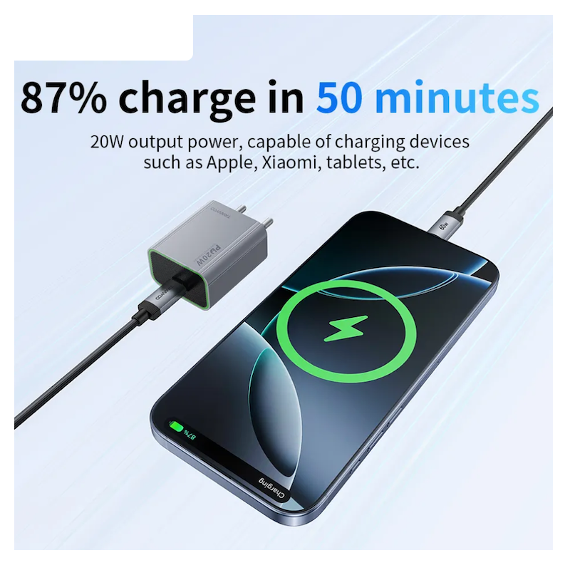 Picture of Tranyoo | T‑EU7L | 20W Fast Charger Adapter with USB‑C to Lightning Cable | PD Quick Charge (5V/3A & 9V/2.22A) | Fireproof Design | iPhone / iPad Compatible
