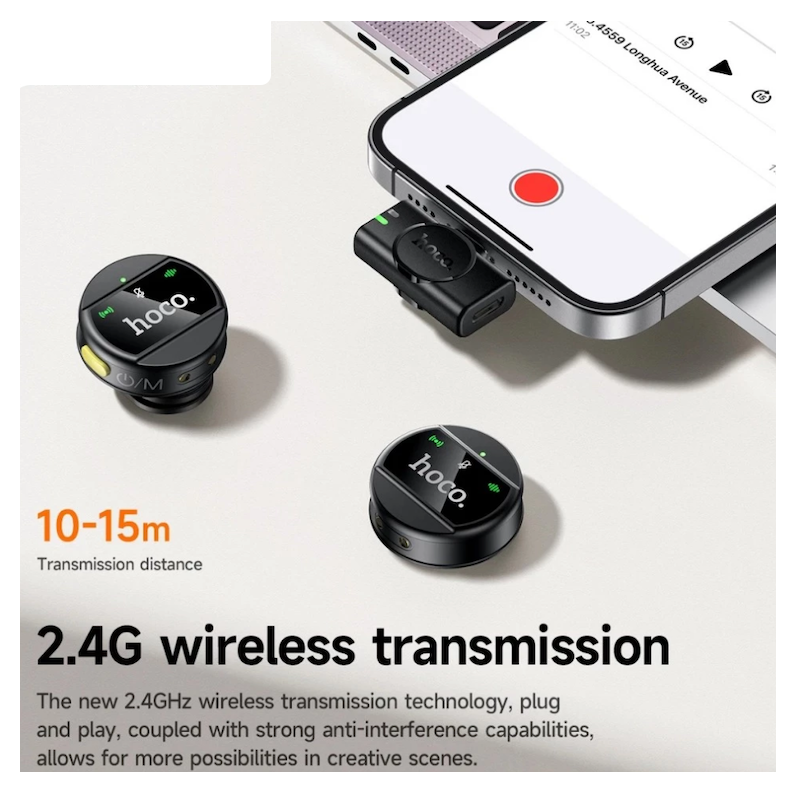 Picture of HOCO | L22 “Bright” Wireless Lavalier Microphone | Type-C Receiver + Lightning Adapter | 80mAh Mic & 600mAh Charging Case | 5–6h Use | Magnetic Clip, Plug-and-Play | For Android & iPhone