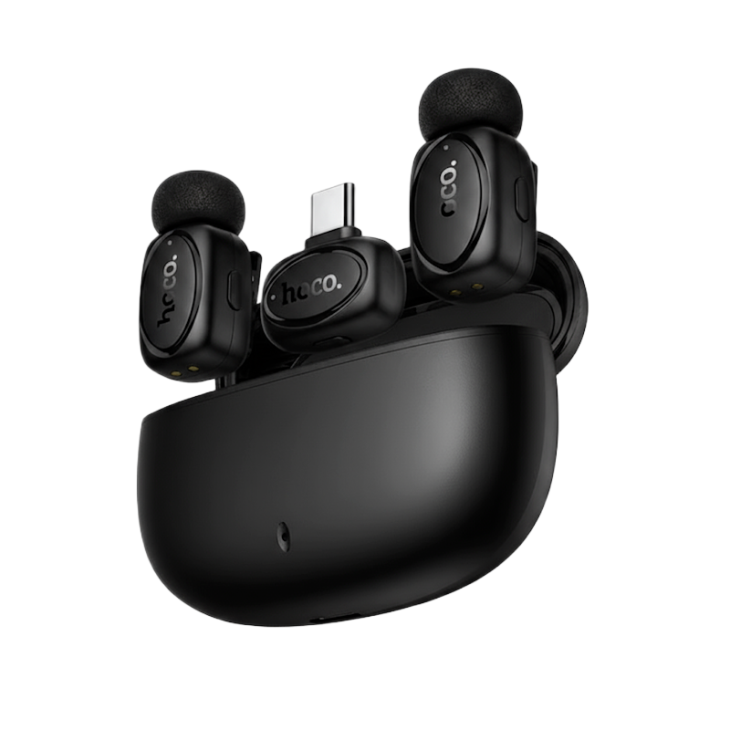 Picture of HOCO | L19 “Graceful” Dual Wireless Lavalier Microphone | 2 Mics + 1 Receiver (Type-C with Lightning Adapter) | 20m Range | 300mAh Charging Case, 60mAh Mics | Plug-and-Play for Android & iPhone.