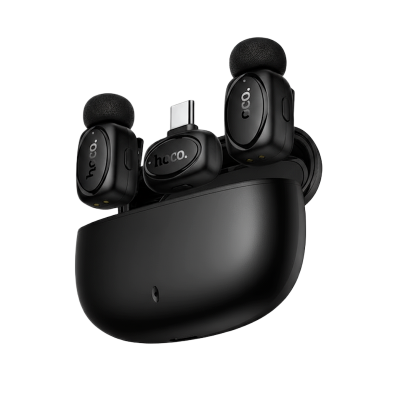 Picture of HOCO | L19 “Graceful” Dual Wireless Lavalier Microphone | 2 Mics + 1 Receiver (Type-C with Lightning Adapter) | 20m Range | 300mAh Charging Case, 60mAh Mics | Plug-and-Play for Android & iPhone.