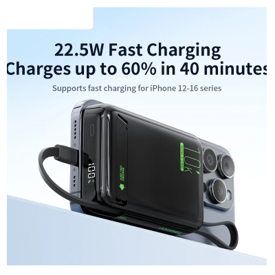 Picture of Tranyoo | T-F26 10000mAh Magnetic Wireless Power Bank | 22.5W Wired Fast Charging + 15W Wireless | Type-C In/Out + Built-in Type-C Cable | LED Digital Display, Stand/Lanyard | For iPhone (MagSafe) & Android.