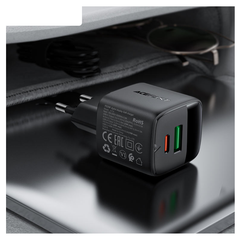 Picture of ACEFAST | A114 | 25W GaN Fast Wall Charger | Dual Port USB-C (PD/PPS 25W) + USB-A (20W) | LED Digital Display | 100–240V EU Plug | Multi-Protocol PD3.0/QC4+ | Flame-Retardant PC | Fast Charger for Android & iPhone 15