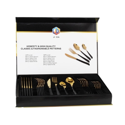 Picture of Cutlery Set, 24 Piece set, 201 Stainless Steel, 2.3mm, Shiny Goldwith Black Handle-CS-24-BG