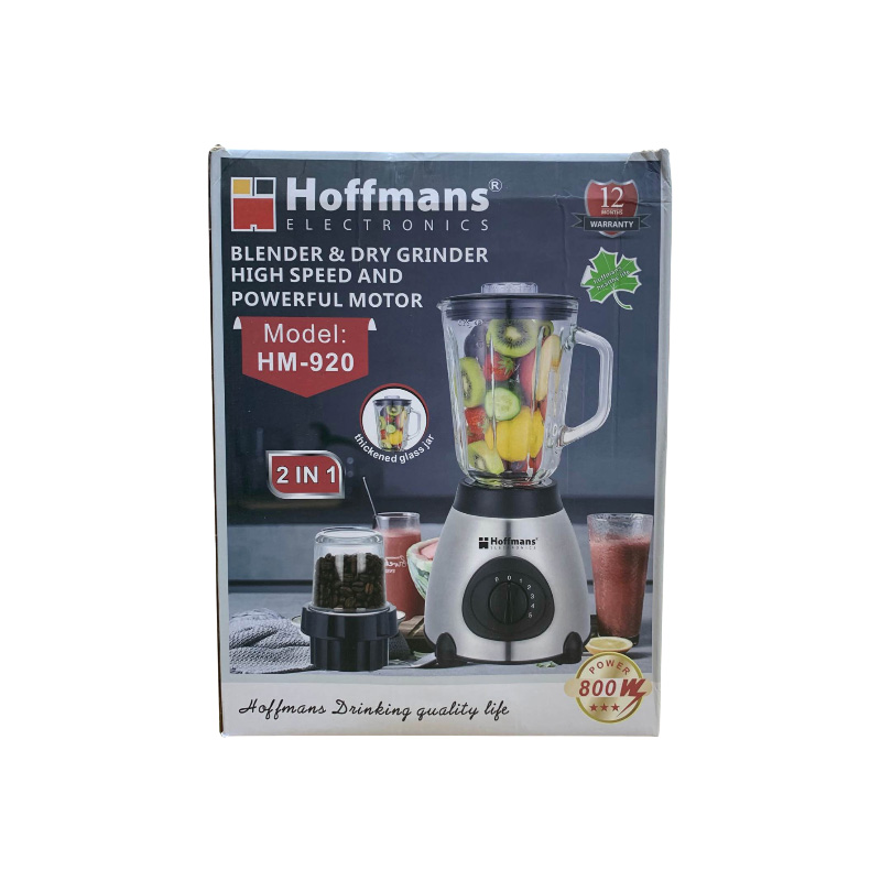 Picture of Hoffmans  ELECTRONICS BLENDER & DRY GRINDER HIGH SPEED AND POWERFUL MOTOR Model: HM-920  2 IN 1  thickened glass jar  Hoffmans  POWER  800W   Hoffmans Drinking quality life