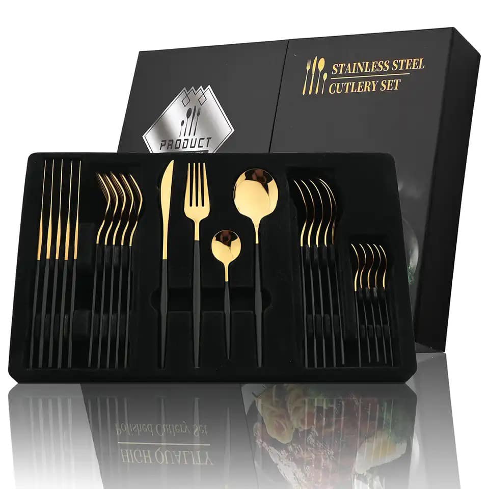 Picture of Cutlery Set, 24 Piece set, 201 Stainless Steel, 2.3mm, Shiny Goldwith Black Handle-CS-24-BG