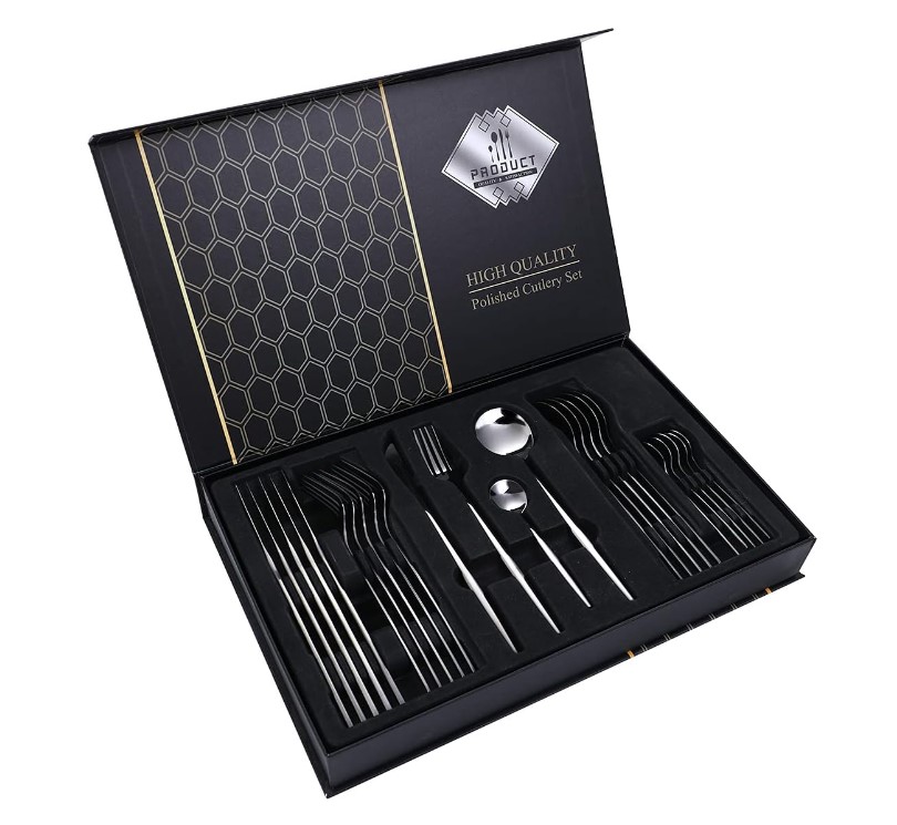 Picture of 24-Piece Gold Black Flatware Set,Black Flatware,Dishwasher Safe,Stainless Steel Flatware Cutlery Set for 6,Knives/Forks/Spoons/Teaspoon LSTOXS