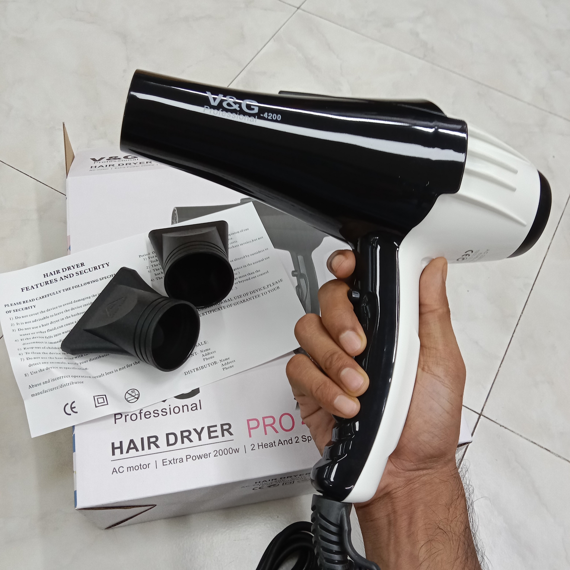 Picture of V&G Professional HAIR DRYER PRO 4200 AC motor | Extra Power 2000w | 2 Heat And 2 Speed Setting | Lightweight Design