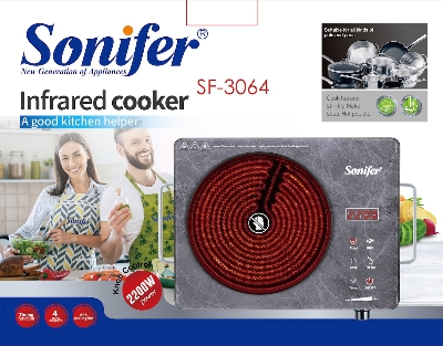 Picture of Sonifer Appliances  Infrared cooker SF-3064  Suitable for all kinds of pots and pans  Cook tea and stir-fry, Make soup. Hot pot, etc  goul  2000W power  Exquisite marbling.  With timing function.  Four menu programs for you to choose  Touch screen control