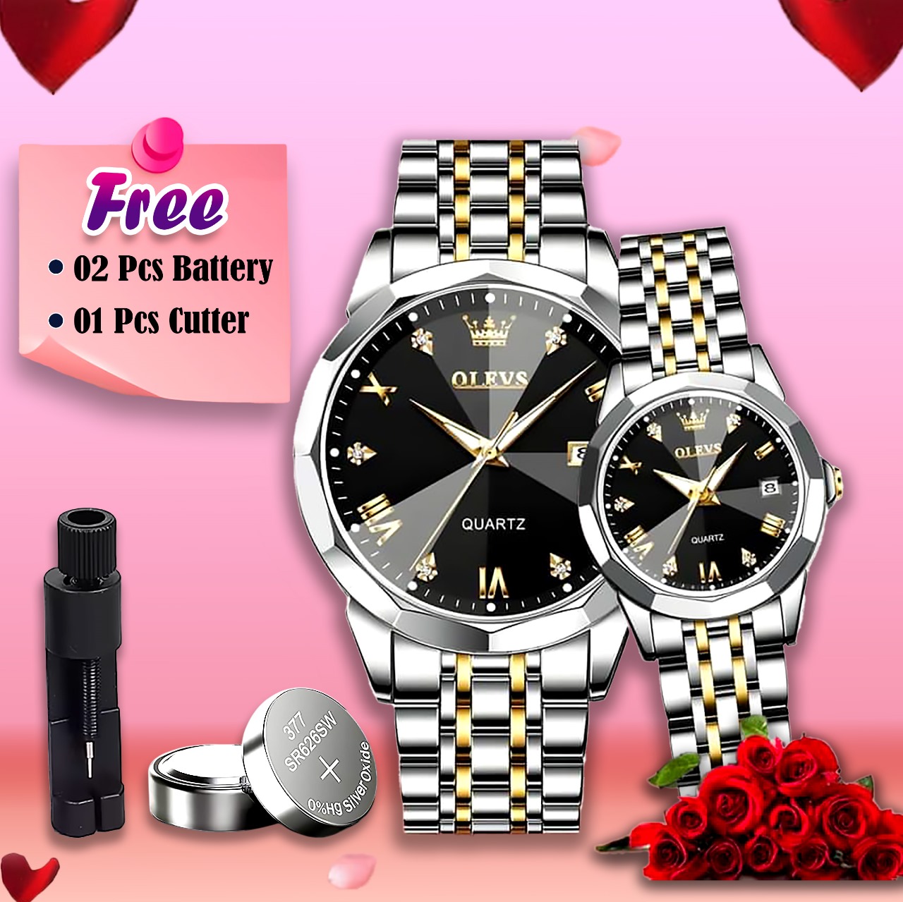 Picture of Olevs Stainless Steel fashionable Couple watches Silver black