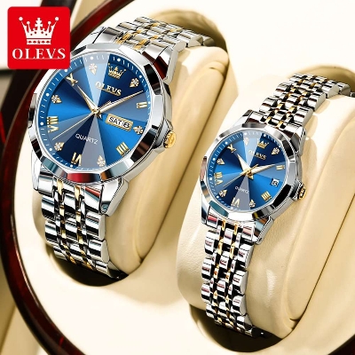 Picture of Olevs Stainless Steel fashionable Couple watches (Navy Blue)