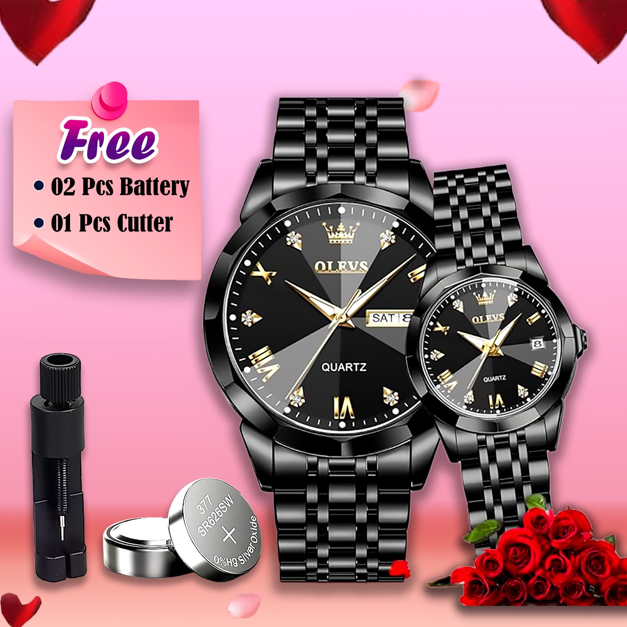 Picture of Olevs Stainless Steel fashionable Couple watches Full Black