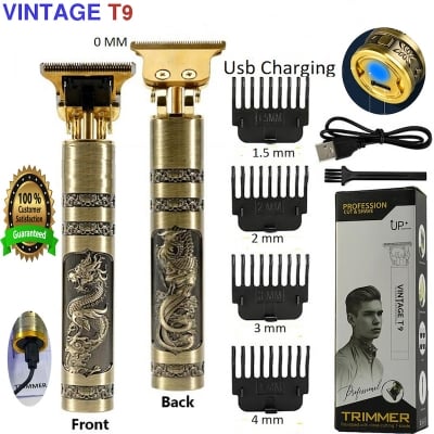 Picture of T9 Vintage USB 6500 charging cable with Rechargeable Hair Trimmer metal body Hair Cutting Machine For Men and Women