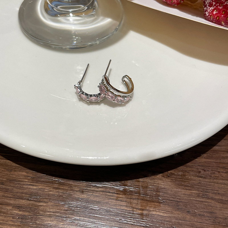 Picture of Double-layer C-shaped pink zircon earrings for women