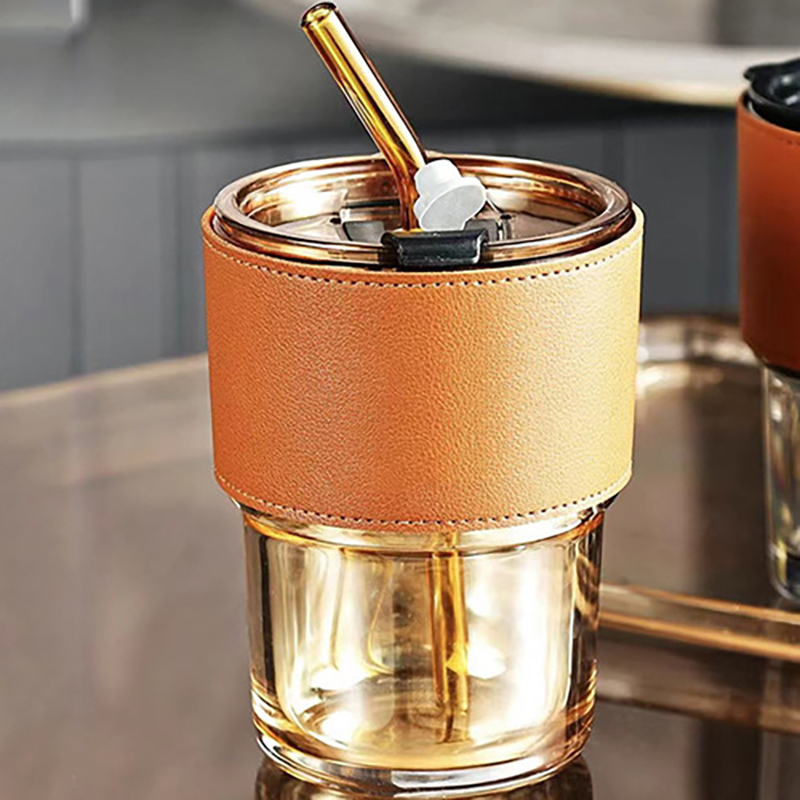 Picture of Premium Glass Tumbler with Leather Sleeve & Straw – Stylish & Durable