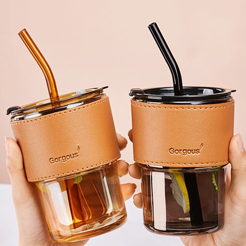 Picture of Premium Glass Tumbler with Leather Sleeve & Straw – Stylish & Durable