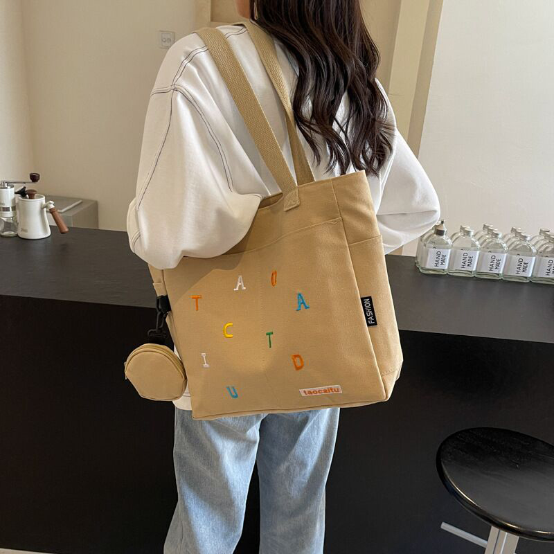 Picture of Trendy Canvas Khaki Tote Bag with Alphabet Design