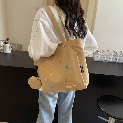 Picture of Trendy Canvas Khaki Tote Bag with Alphabet Design