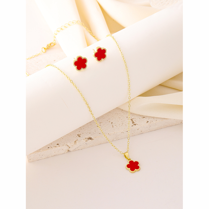 Picture of Cross-border hot selling lucky five-petal flower five-leaf clover earrings necklace three-piece European and American fashion five-leaf flower jewelry set