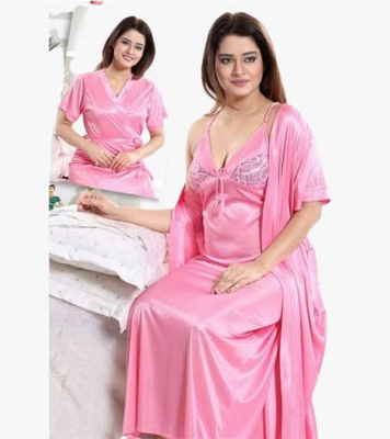 Picture of Two Part Satin Solid Pink Nighty For Women