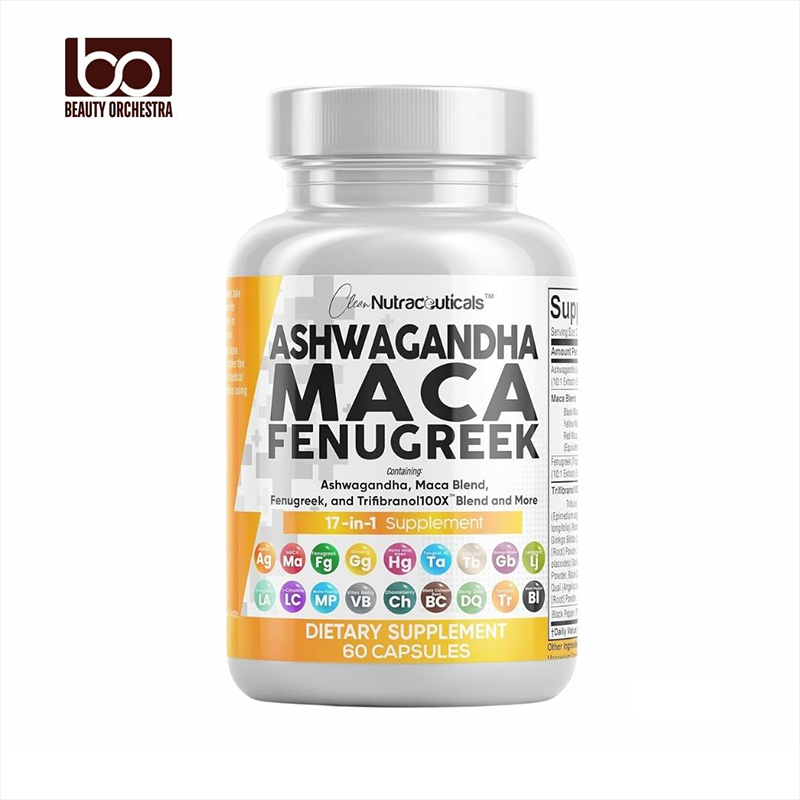 Picture of Clean Nutraceuticals Ashwagandha Maca Root Fenugreek Supplement with Tongkat Ali Ginseng - Assists with Stress Mood & Thyroid - Ashwagandha Capsules Fenugreek Caps - 60 capsules