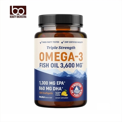 Picture of Triple Strength Omega 3 Fish Oil 3600 mg by MAV Nutrition | EPA & DHA | Over 2100mg Omega-3 Fatty Acids | 1300mg EPA + 860mg DHA | Best Essential Fatty Acids | Premium Wild Caught & Burpless Fish Oil | 120 Ct