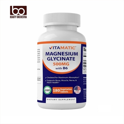 Picture of Vitamatic Magnesium Glycinate 500mg per Tablet - 180 Vegetarian Tablets (Uncoated) - Added B6 for Maximum Absorption - Supports Muscle Joint and Heart Health