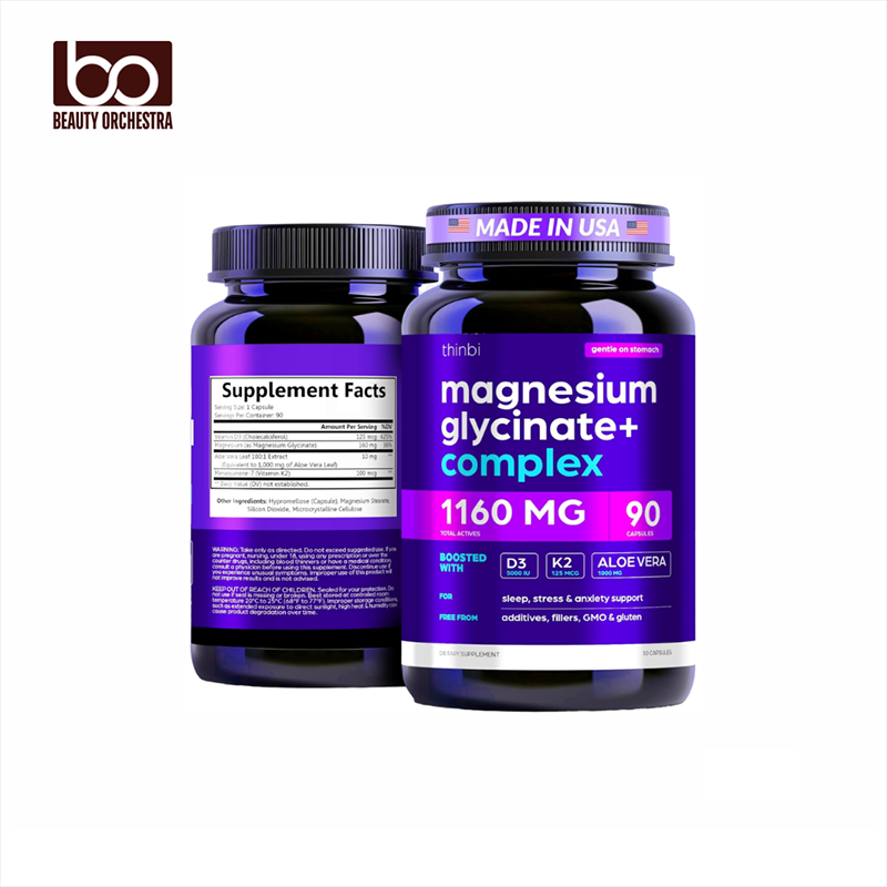 Picture of Thinbi Magnesium Glycinate 1160mg + Aloe Vera, D3 & K2 Complex 90 Capsules – High Absorption, Non-Laxative – Supports Healthy Stress Response, Muscle Function & Healthy Metabolism Chelated Formula