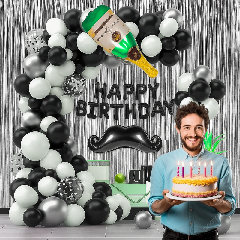 Moustache Theme Black and White Birthday Party Decor- Full Package with Backdrop, Balloon Arch Kit, Banner, and Foil Balloons (Pack of 83 Pcs)