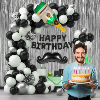 Moustache Theme Black and White Birthday Party Decor- Full Package with Backdrop, Balloon Arch Kit, Banner, and Foil Balloons (Pack of 83 Pcs)
