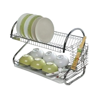 Picture of Stainless Steel Drying Rack 2 Tier  Bowl Dish Draining Shelf Dryer Tray Holder Kitchen Organizer - Kitchen Rack - kitchen rack  S-Shaped Dish Drainer