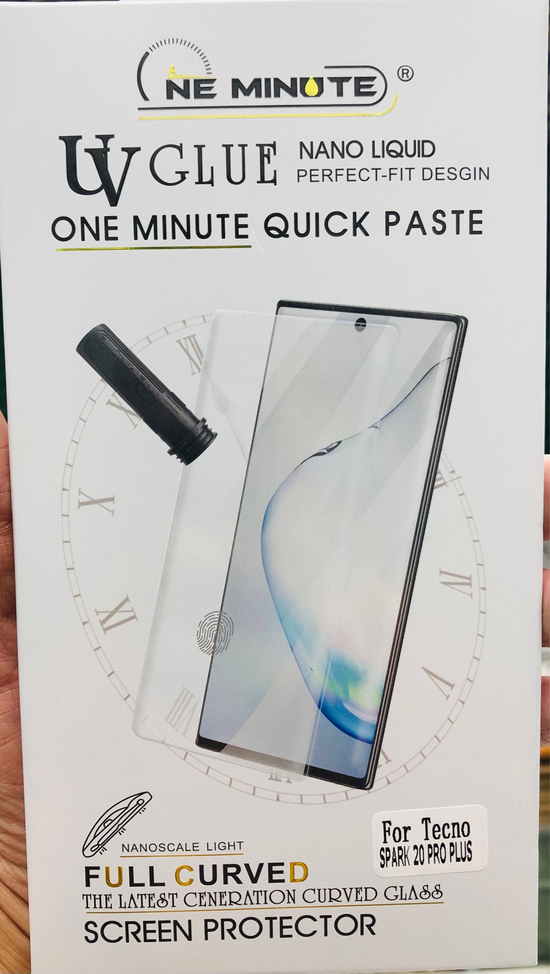 Picture of For Tecno spark 20 plus (A+ GRADE) Premium UV Tempered Glass Screen Protector Curved with Liquid Glue and UV Light -Transparent Clear